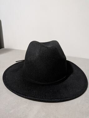 Classic Black Wide Brim Fedora Hat Felt Panama Rancher Boho Minimalist Cord Band